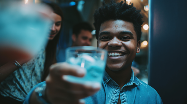 a man with a drink at the party