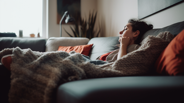 a person relaxing on a couch with a cozy living room setting