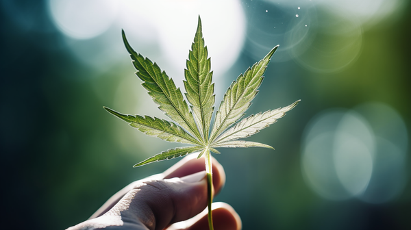 a hand holding a cannabis leaf under the sun