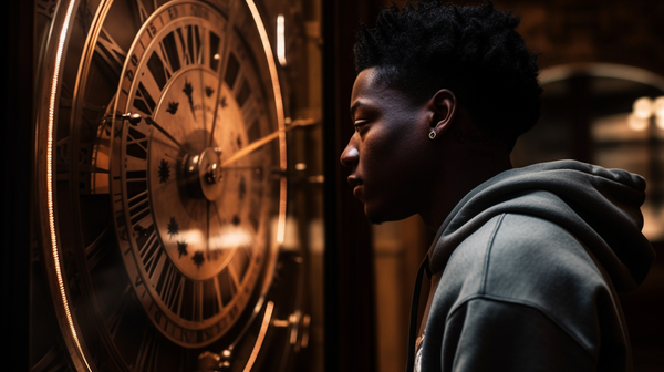 a man looking at a clock